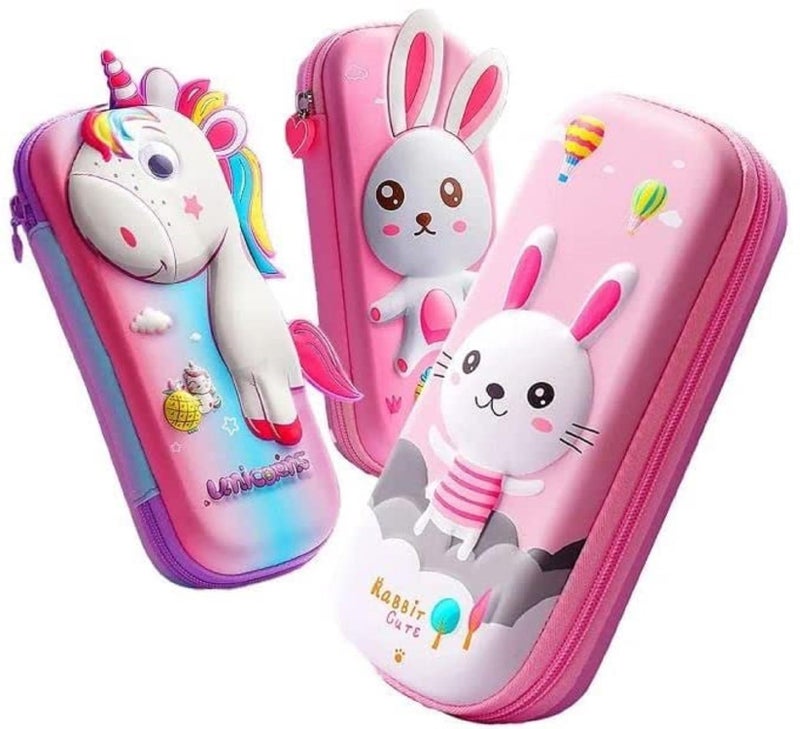 HIGH TRUSTED Leather Premium Rabbit Style And 3D Unicorn Travel Accessories Cover Pencil Compass Organizer School Kids Girls Multipurpose (Pink) - Image 1