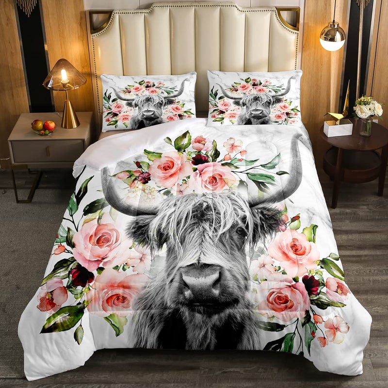 Erosebridal Highland Cow Flower Comforter Set Twin Size Bull Cattle Bedding Set Western Funny Animal Bedding Set Wildlife Farmhouse Cow Quilt Set Rose Grey Marble Comforter Set