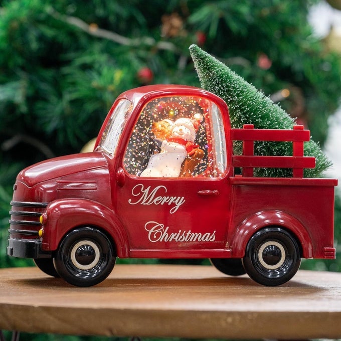 MUSICAL RED TRUCK SNOW GLOBE WITH SWIRLING GLITTER SNOWMAN DOG CARRYING CHRISTMAS TREE SPINNING WATER LANTERN FOR CHRISTMAS DECOR