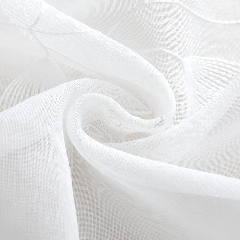 HOMEIDEAS HOMEIDEAS White Sheer Kitchen Curtains 30 X 36 Inch Length 2 Panels Embroidered Leaf Pattern Short Curtains for Small Window Valance Tiers - Image 4