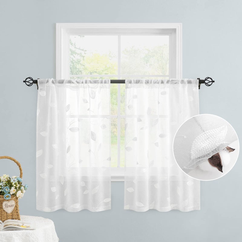 HOMEIDEAS HOMEIDEAS White Sheer Kitchen Curtains 30 X 36 Inch Length 2 Panels Embroidered Leaf Pattern Short Curtains for Small Window Valance Tiers - Image 2