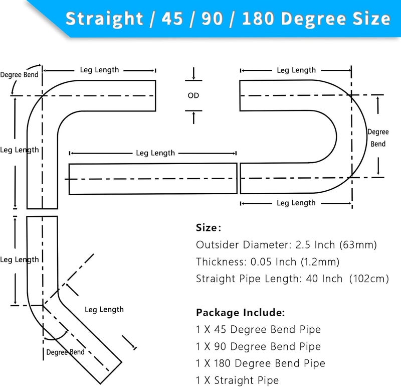 FGJQEFG 2.5 Inch DIY Custom Mandrel Exhaust Pipe Kit - 4PCS T304 Stainless Steel - Image 2