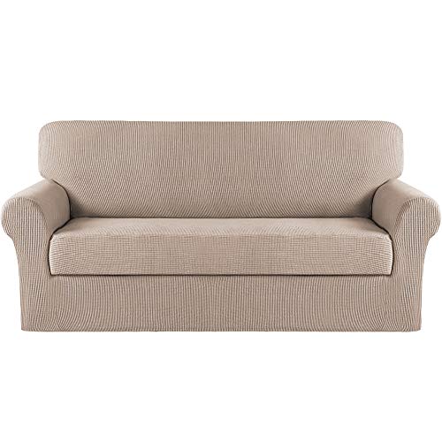 Turquoize Stretch Sofa Slipcover 2 Pieces Sofa Cover Couch Cover for 3 Cushion Couch Washable Furniture Protector Covers with Elastic Bottom Feature Thick Jacquard Fabric (Sofa, Sand) - Image 1