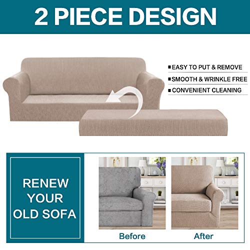 Turquoize Stretch Sofa Slipcover 2 Pieces Sofa Cover Couch Cover for 3 Cushion Couch Washable Furniture Protector Covers with Elastic Bottom Feature Thick Jacquard Fabric (Sofa, Sand) - Image 4