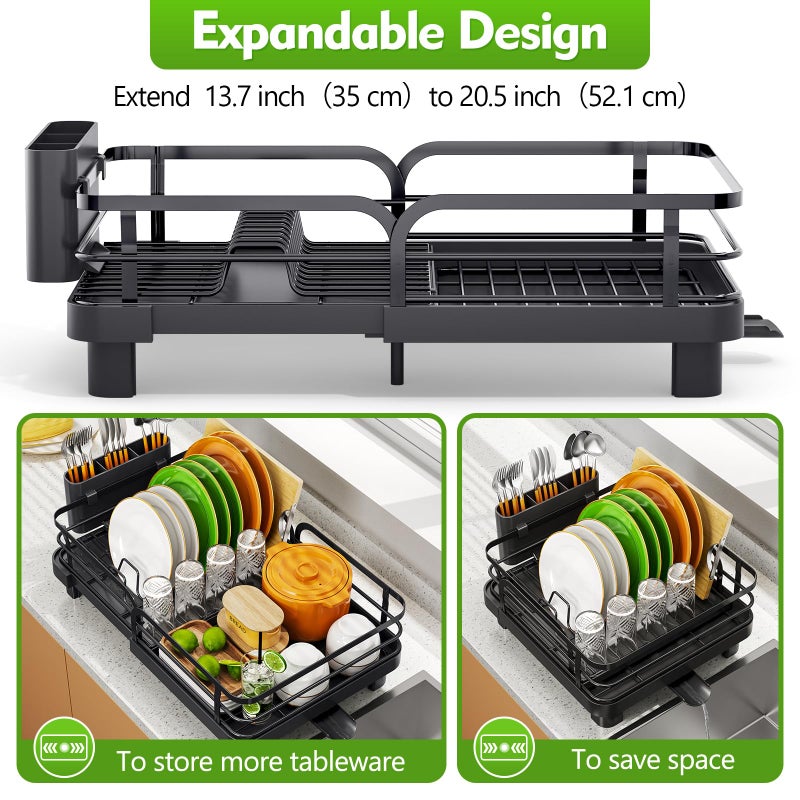 TOOLF Expandable Dish Rack, Dish Drying Rack for Kitchen Counter, Foldable Dish Dryer Rack, Stainless Steel Dish Drainer Racks with Cutlery Holder, Collapsible Dish Drying Racks Standard Size,Black - Image 2