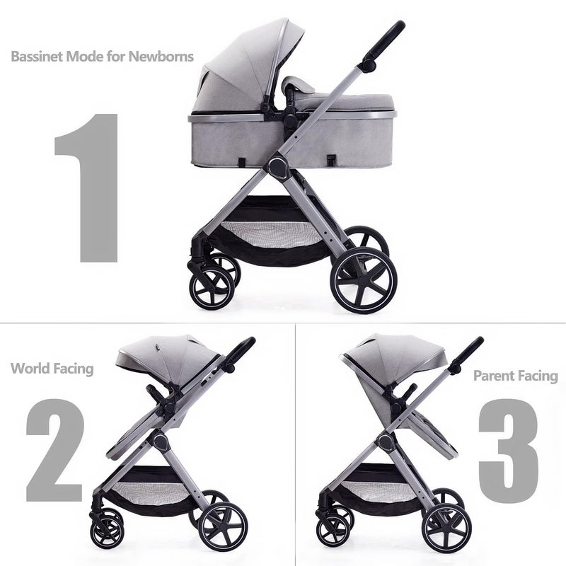Lortsybab 2 in 1 Baby Stroller, Newborn Infant Toddler Convertible Pram Stroller for 0-36 Months Old Babies (Grey) - Image 2
