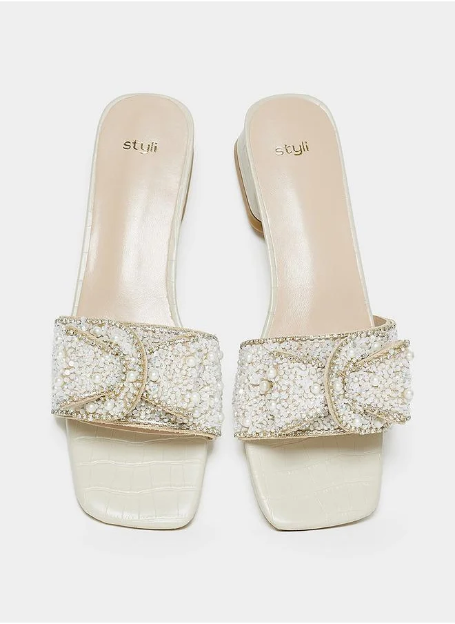 Styli Embellished Bow Low Heel Sandals