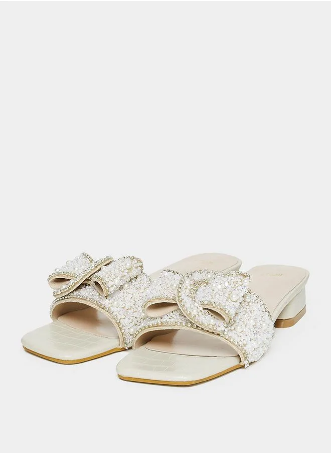 Styli Embellished Bow Low Heel Sandals