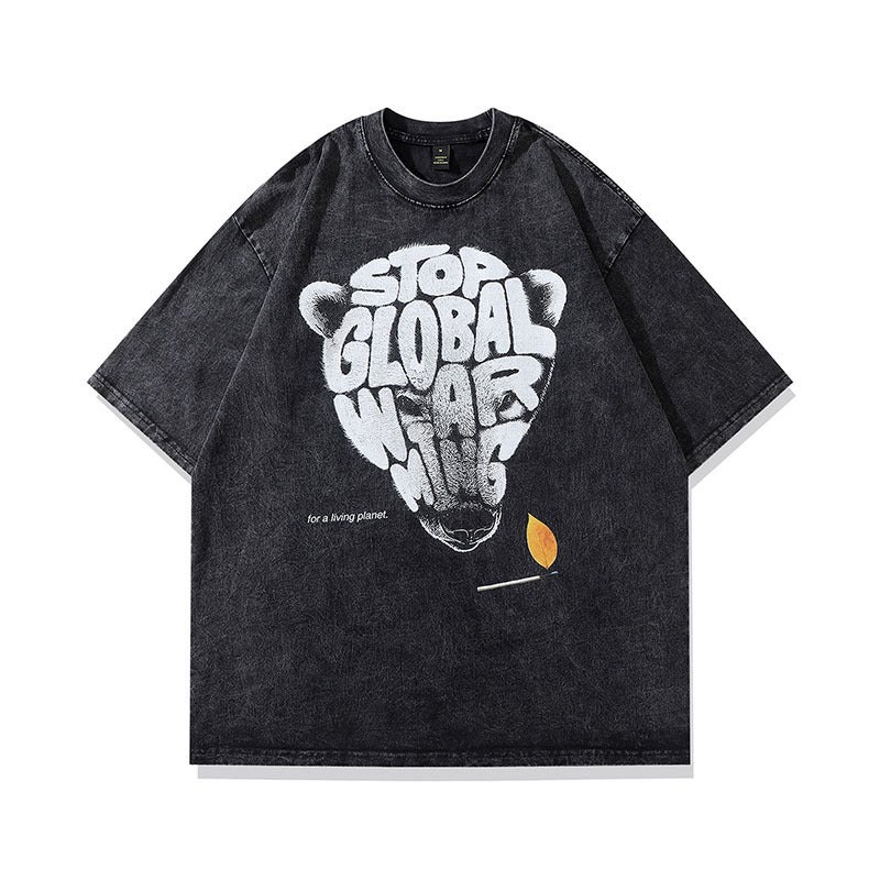American Street Fashion Brand Vibe Lazy Style Washed Distressed Small Collar Short-Sleeved T-Shirt Men'S Ins Half-Sleeved Top - Image 3