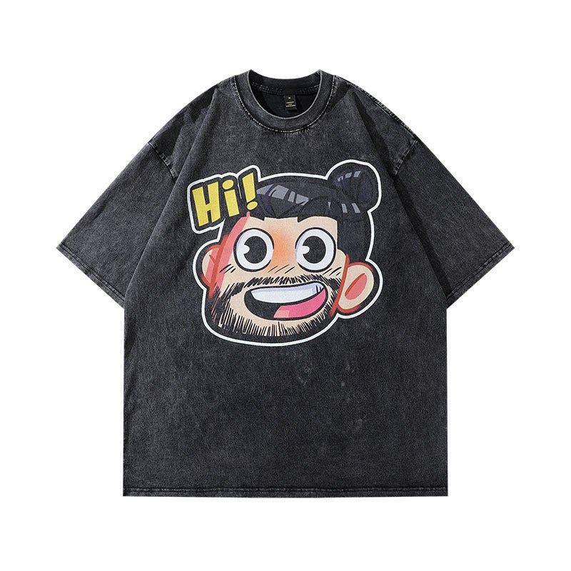 American Street Fashion Brand Vibe Lazy Style Washed Distressed Small Collar Short-Sleeved T-Shirt Men'S Ins Half-Sleeved Top - Image 1