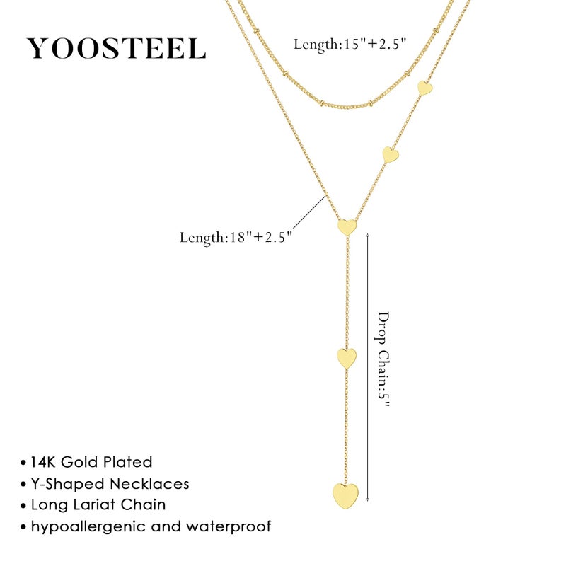 Yoosteel Long Lariat Necklace for Women - Dainty Layered Bead Heart Pendant 14K-Gold-Plated Simple Y-Shaped Drop Chain Choker Necklaces Jewelry Trendy Gift - Image 5