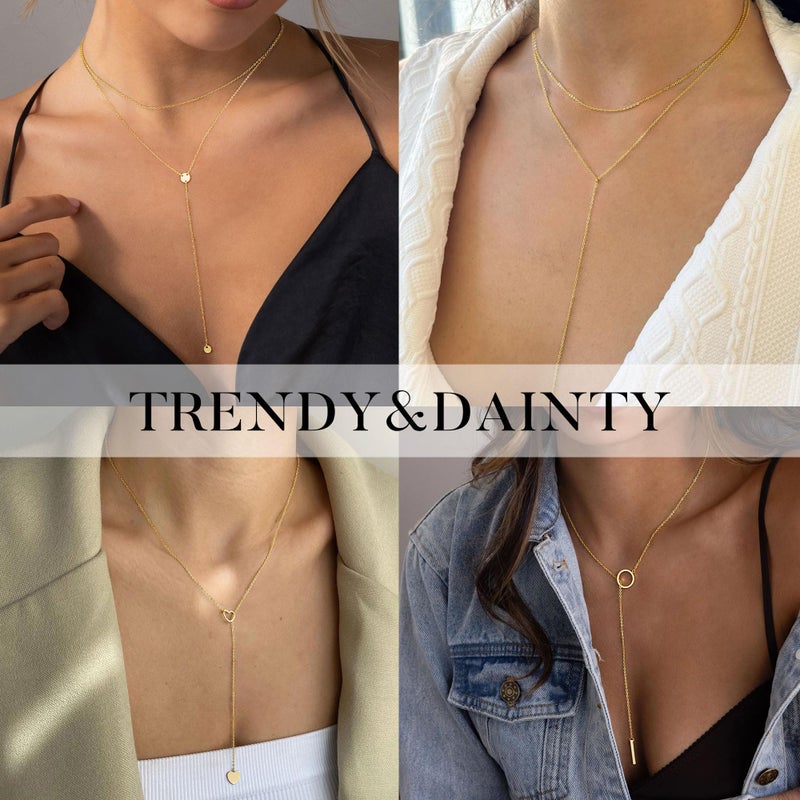 Yoosteel Long Lariat Necklace for Women - Dainty Layered Bead Heart Pendant 14K-Gold-Plated Simple Y-Shaped Drop Chain Choker Necklaces Jewelry Trendy Gift - Image 4