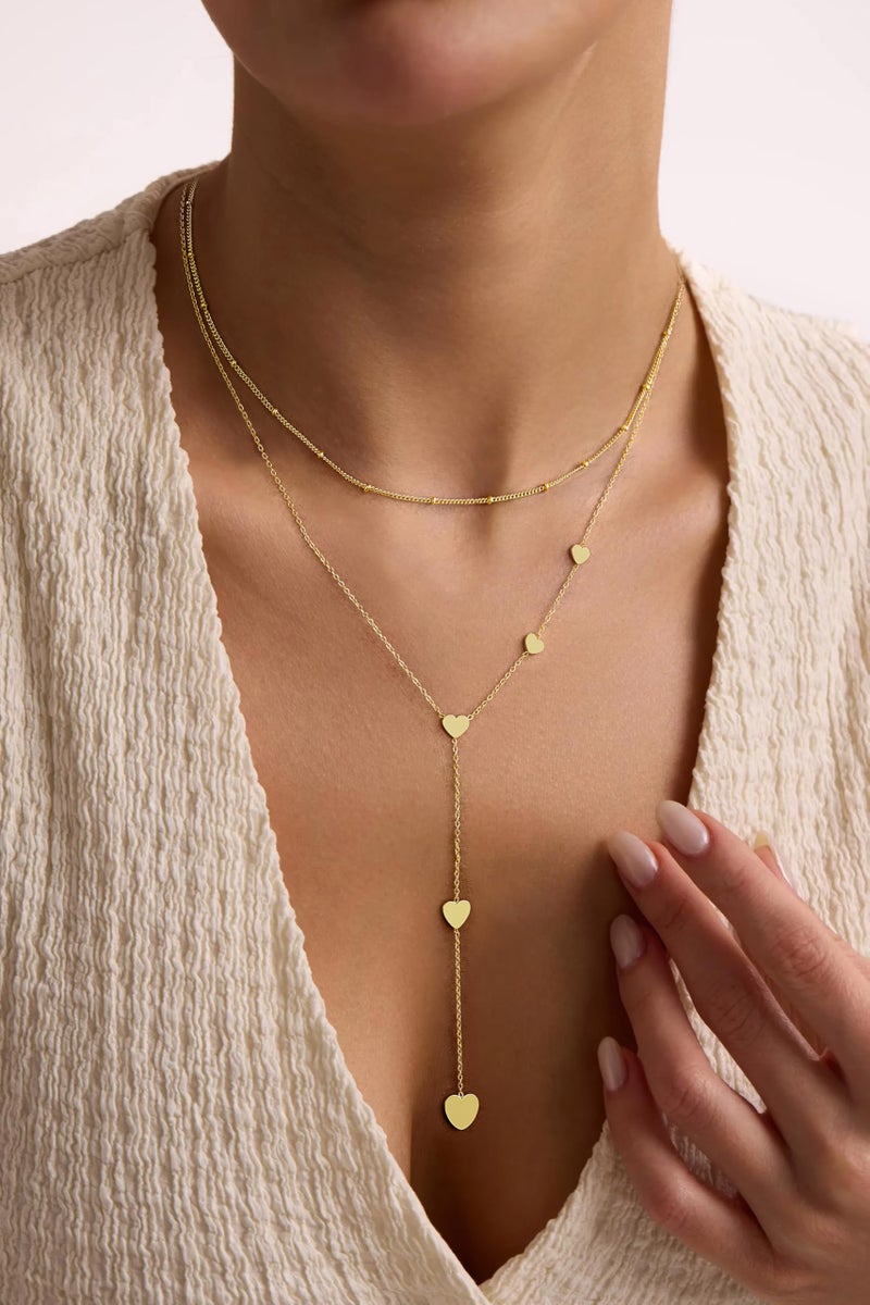 Yoosteel Long Lariat Necklace for Women - Dainty Layered Bead Heart Pendant 14K-Gold-Plated Simple Y-Shaped Drop Chain Choker Necklaces Jewelry Trendy Gift - Image 3