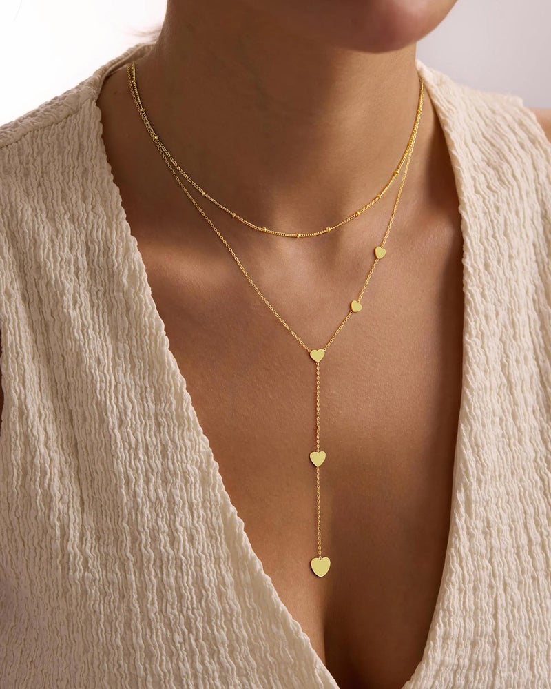 Yoosteel Long Lariat Necklace for Women - Dainty Layered Bead Heart Pendant 14K-Gold-Plated Simple Y-Shaped Drop Chain Choker Necklaces Jewelry Trendy Gift - Image 2