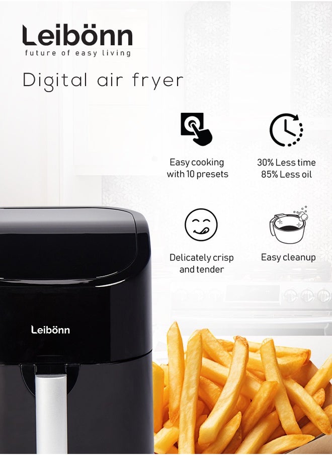 Leibonn Air Fryer 4.5L, Uses No Oil, Large Square Single Drawer, Roast, Bake, Air Fry, Family Size, Digital, Cook From Frozen, Non-Stick, Dishwasher Safe Basket And Crisper Plate  - Image 4
