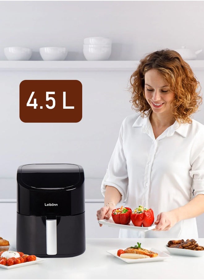 Leibonn Air Fryer 4.5L, Uses No Oil, Large Square Single Drawer, Roast, Bake, Air Fry, Family Size, Digital, Cook From Frozen, Non-Stick, Dishwasher Safe Basket And Crisper Plate 