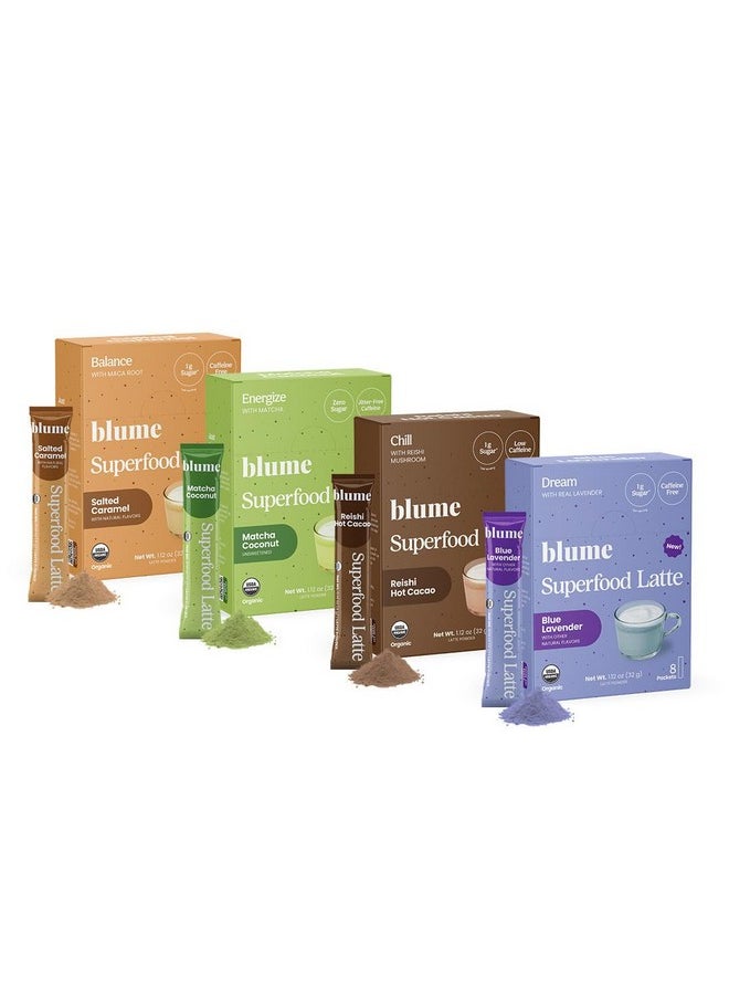 Blume Blume Latte Variety Pack | Calming Blue Lavender Tea, Soothing Reishi Hot Cacao, Energizing Matcha Green Tea, Delicious Salted Caramel - Organic, Vegan, Keto-Friendly, Beverage Enhancer - 32 Servings  - Image 1