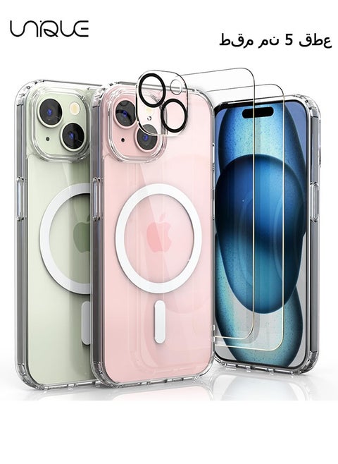 5 in 1 Magnetic Clear Case for iPhone 15, 2 Tempered Screen Protector + 2 Camera Lens Protector, Full-Body Protective Shockproof Slim Cover Compatible with MagSafe