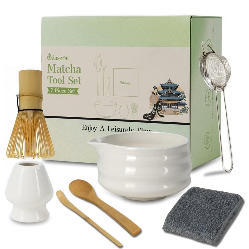 Odaserat Matcha Whisk Set, 7 Pcs Matcha Kit, Premium Ceramic Matcha Set, Whisk and Bowl, Sifter, Cup Holder, Bamboo Scoop, Tea Plucking, Tea Towel, Matcha Lovers (White) - Image 1