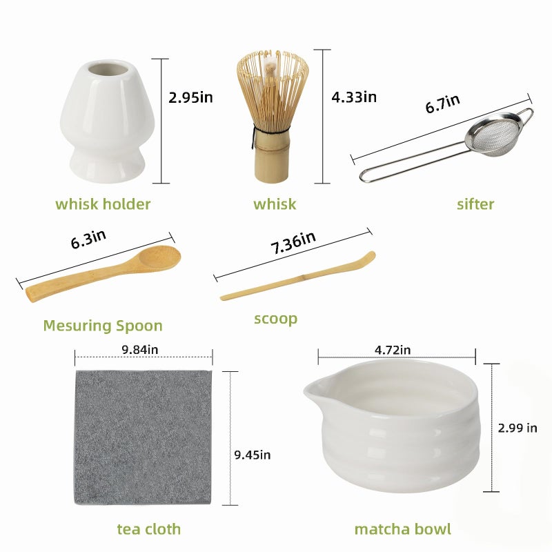 Odaserat Matcha Whisk Set, 7 Pcs Matcha Kit, Premium Ceramic Matcha Set, Whisk and Bowl, Sifter, Cup Holder, Bamboo Scoop, Tea Plucking, Tea Towel, Matcha Lovers (White) - Image 2