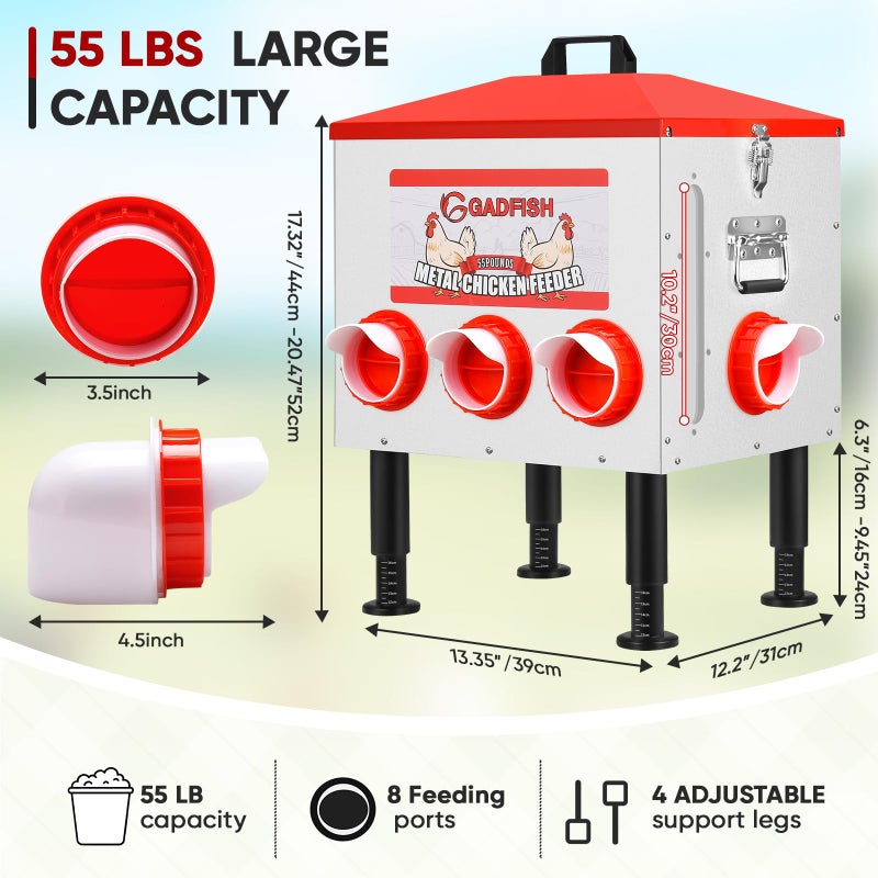 GADFISH 55 lbs Large Capacity Automatic Chicken Feeder - 8 Feeding Ports, No Waste Chicken Feeder, Height-Adjustable Legs & Secure Locking Lid for Chickens, Ducks & Poultry - Image 2