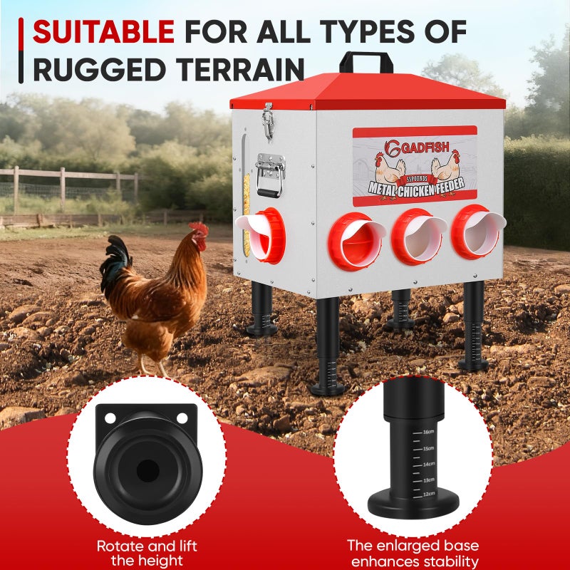 GADFISH 55 lbs Large Capacity Automatic Chicken Feeder - 8 Feeding Ports, No Waste Chicken Feeder, Height-Adjustable Legs & Secure Locking Lid for Chickens, Ducks & Poultry - Image 3