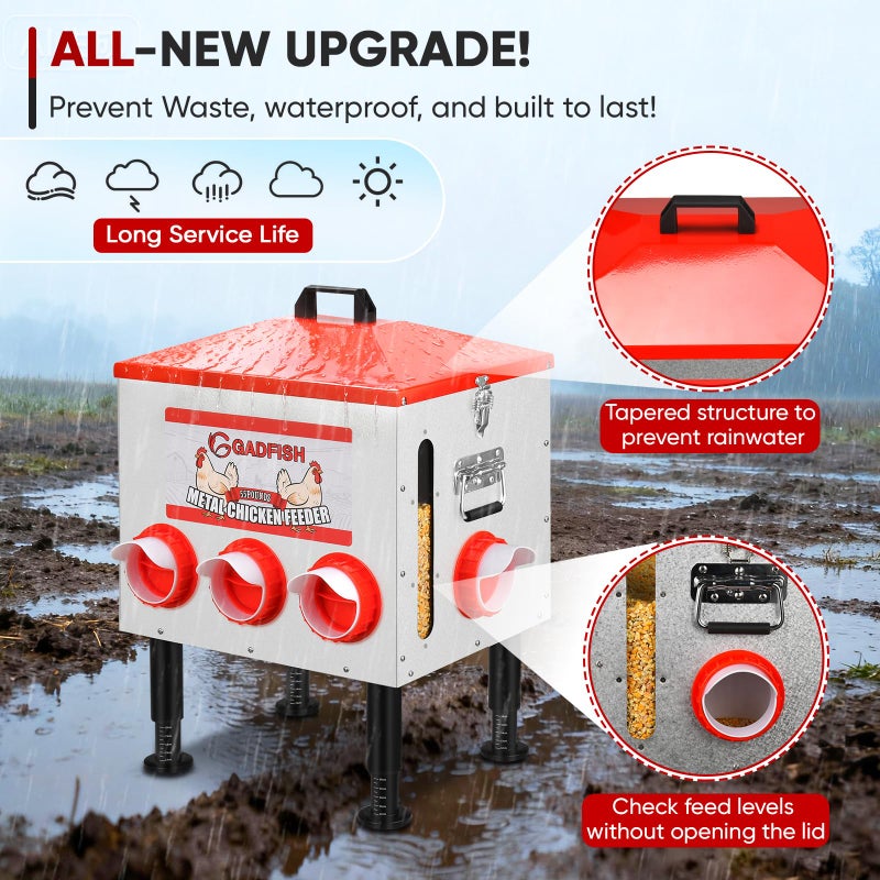 GADFISH 55 lbs Large Capacity Automatic Chicken Feeder - 8 Feeding Ports, No Waste Chicken Feeder, Height-Adjustable Legs & Secure Locking Lid for Chickens, Ducks & Poultry - Image 5