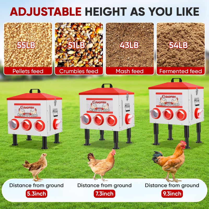 GADFISH 55 lbs Large Capacity Automatic Chicken Feeder - 8 Feeding Ports, No Waste Chicken Feeder, Height-Adjustable Legs & Secure Locking Lid for Chickens, Ducks & Poultry - Image 4