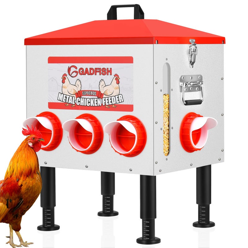 GADFISH 55 lbs Large Capacity Automatic Chicken Feeder - 8 Feeding Ports, No Waste Chicken Feeder, Height-Adjustable Legs & Secure Locking Lid for Chickens, Ducks & Poultry - Image 1
