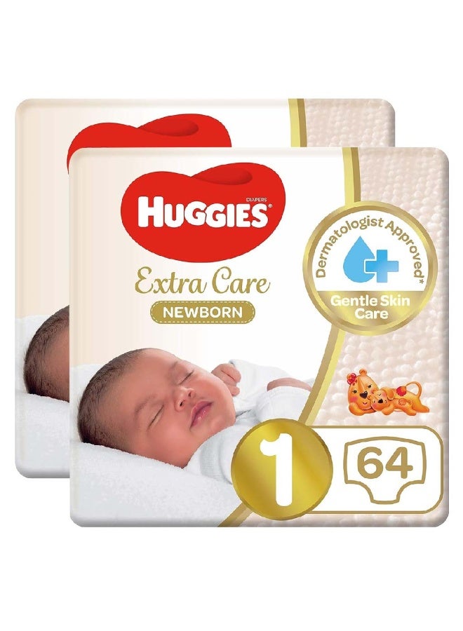 HUGGIES Extra Care Newborn Diapers, Size 1, 1-5Kg, Promo Jumbo Pack of 2 x 64’s