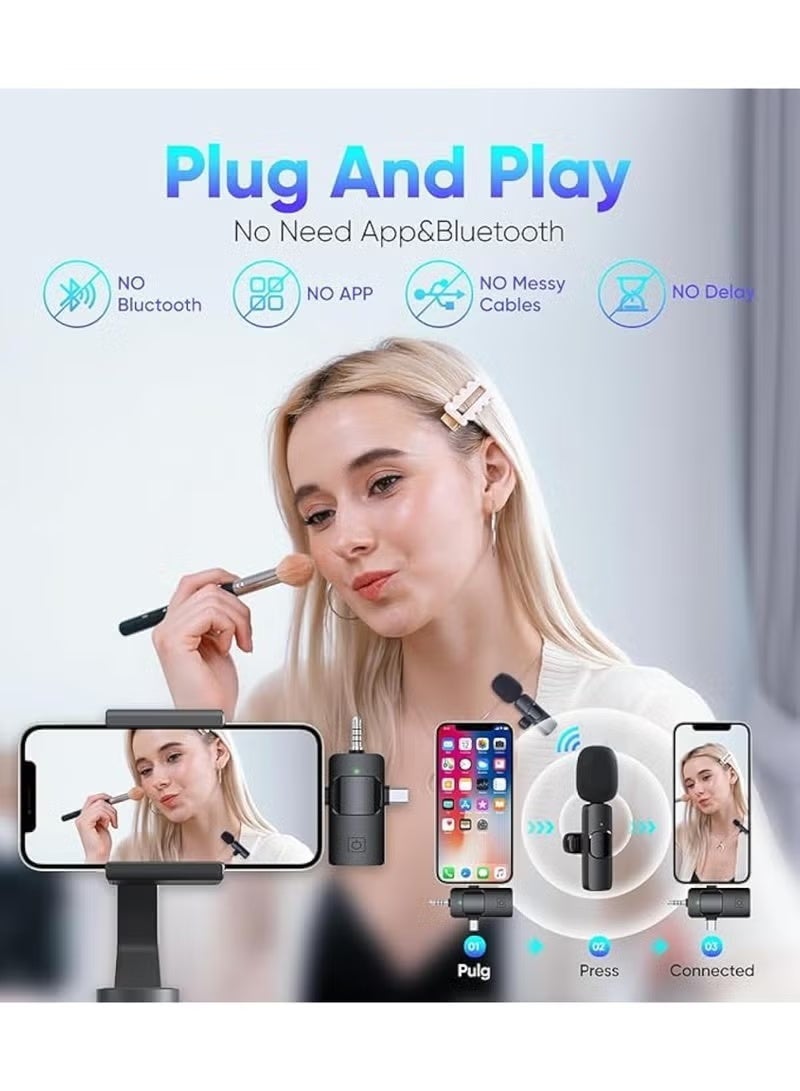 غاز ميكروفون لافالير لاسلكي 3 في 1 لأجهزة iPhone وAndroid والكاميرا، مزود بميكروفونين كليب مع مستقبل Lightning وUSB-C و3.5mm، تشغيل فوري مع عزل الضوضاء، مناسب للفلوغ والمقابلات والبث المباشر - Image 2