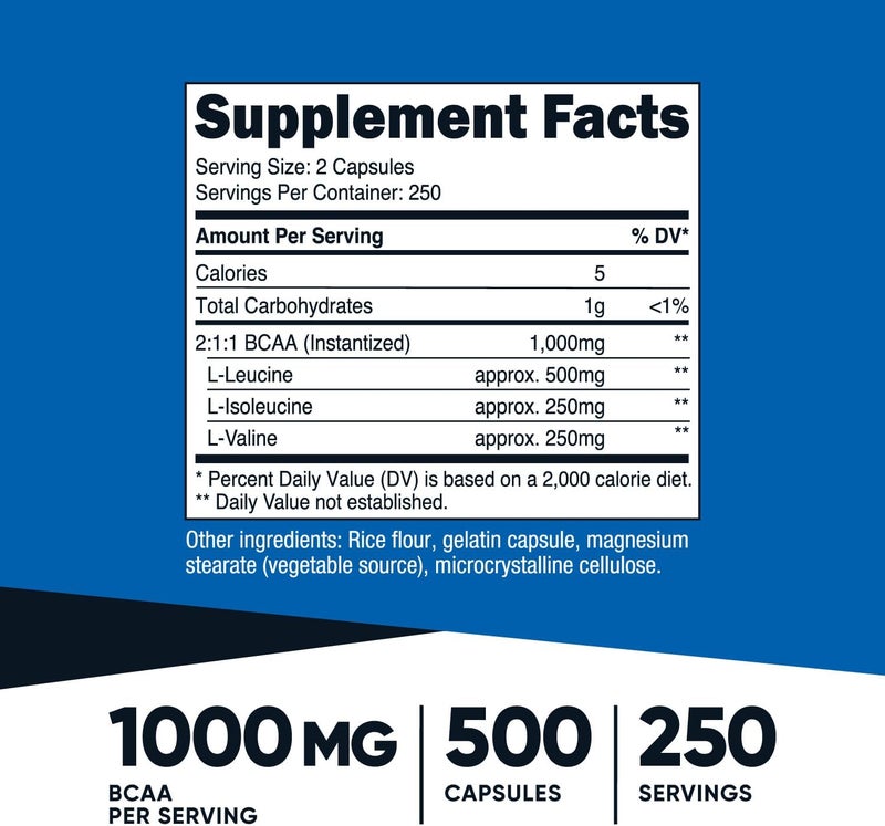 Nutricost BCAA 1000mg 500 Capsules 250 Serv 211 Branched Chain Amino Acids 500mg of LLeucine 250mg of LIsoleucine and LValine - Image 2