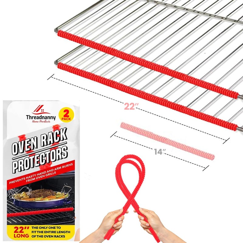 ThreadNanny Silicone Oven Rack Shield Guard Extra Long 22 Red 2 Pack Full Length Fit on Standardsized USA Ranges  Heat Resistant Oven Rack Protectors  Prevents Hand and Arm Burns Food Grade Cover