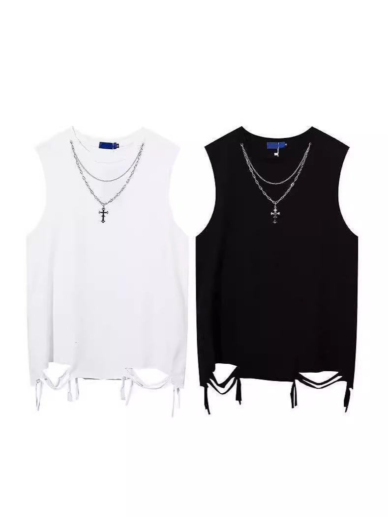 European and American High Street Destruction Style Solid Color Waistcoat Vest Boys Ins Fashion Brand Street Basketball Sports Leisure Sleeveless T-shirt - Image 2