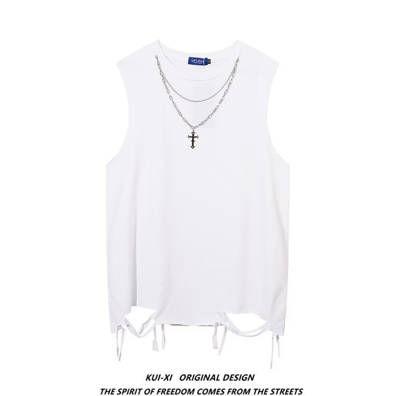 European and American High Street Destruction Style Solid Color Waistcoat Vest Boys Ins Fashion Brand Street Basketball Sports Leisure Sleeveless T-shirt - Image 1