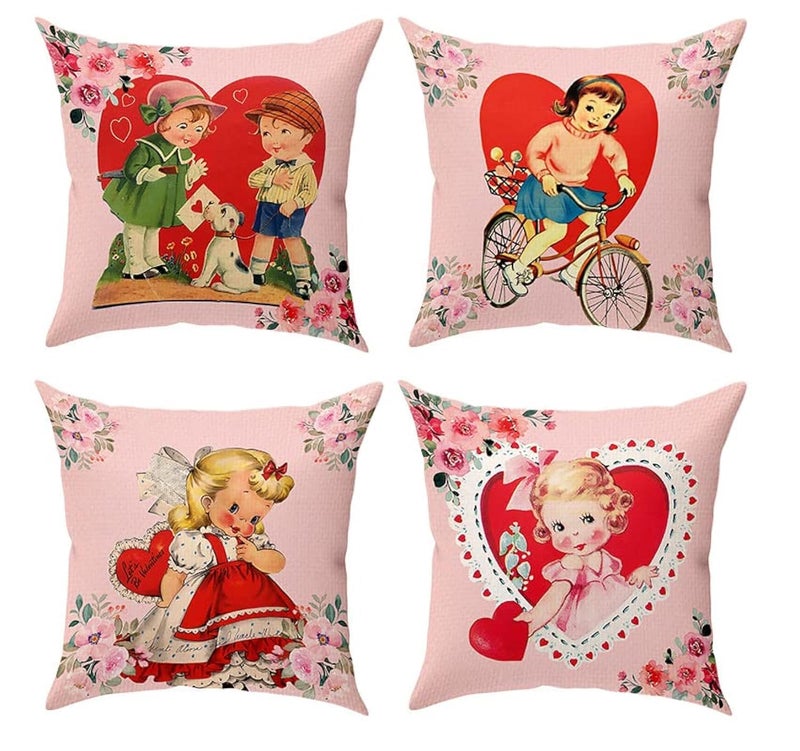 PAMBO Valentines Day Decorations Pillow Covers 18x18 Set of 4, Vintage Burlap Decorative Cushion & Throw Pillows Cases for Valentines Home Sofa Couch - Image 1