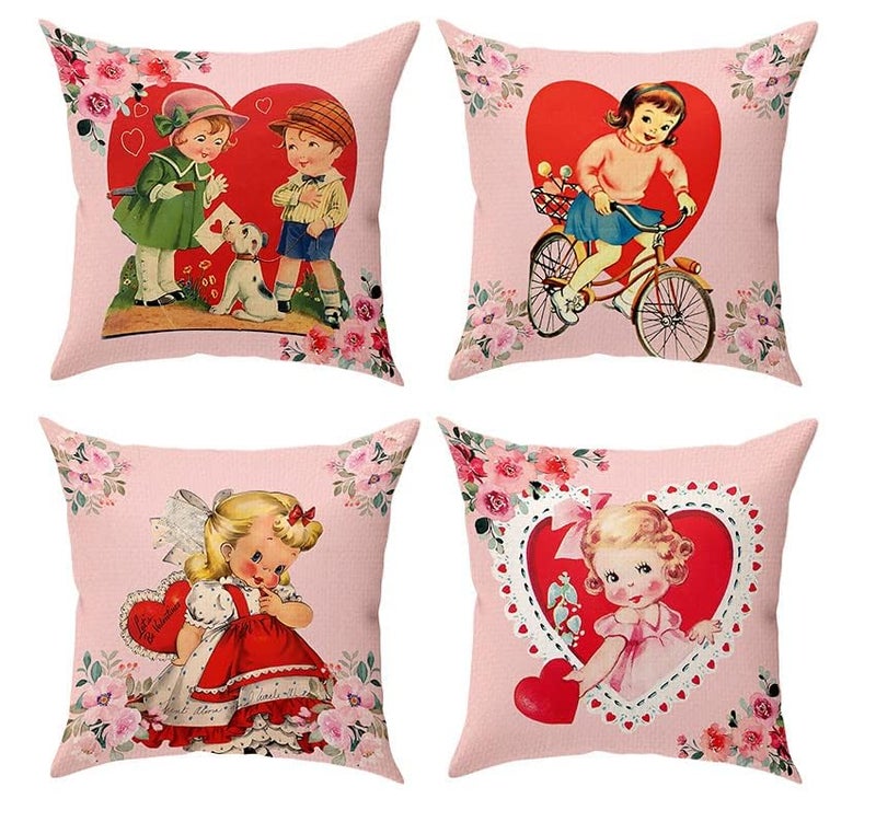 PAMBO Valentines Day Decorations Pillow Covers 18x18 Set of 4, Vintage Burlap Decorative Cushion & Throw Pillows Cases for Valentines Home Sofa Couch - Image 2