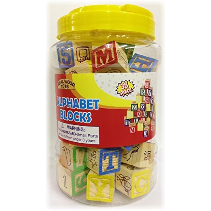 35 PIECE ABC STACK N' BUILD WOOD BLOCKS IN A BUCKET SET - Image 1