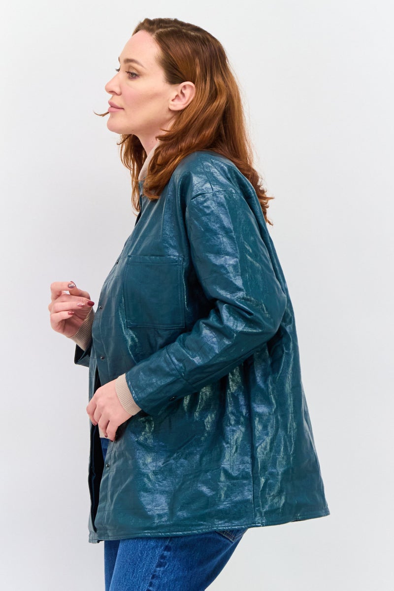 4th & Reckless Women Spread Collar Long Sleeve Textured Shirt, Dark Turquoise - Image 3