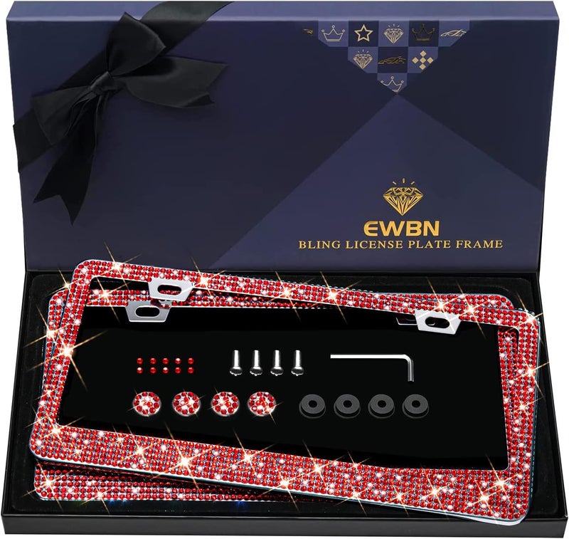 EWBN Bling Rhinestone License Plate Frame for Women 2PC，Diamond Sparkly License Plate Frames| Stainless Steel Frames & Over 1200 pcs Finest 14 Facets Glass Crystals Premium Diamond+GiftBox(Red) - Image 1