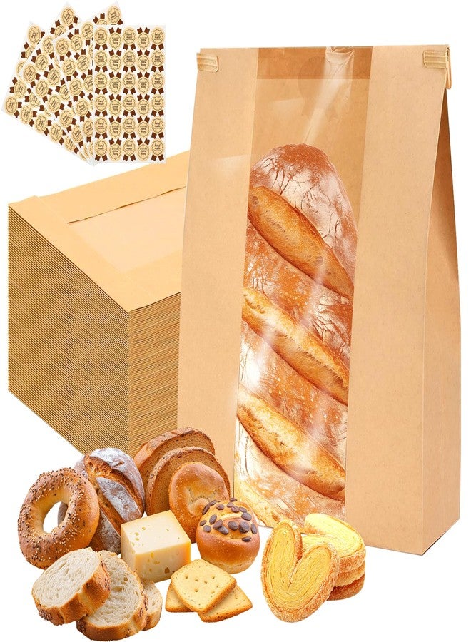CUUSNNY 100 Pack Paper Bread Bags for Homemade Bread with Window and 100 Label Stickers,Sourdough Bread Bags for Storage of Bread,Cookie, Snack,Candy Packaging with Tin Tie 13.7 x 8.3 x 3.5 In - Image 1