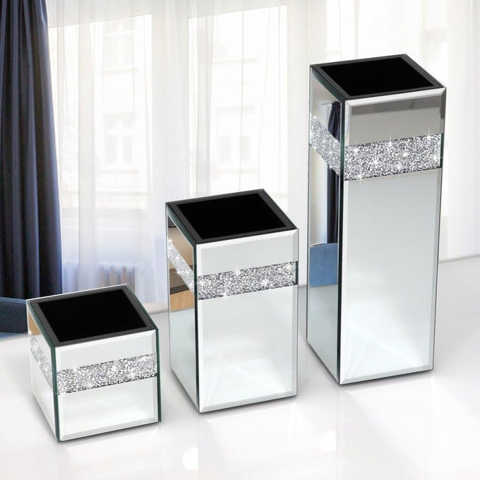CRUSHED DIAMOND MIRRORED VASE PACK OF 3 PIECES SMALL MIDDLE LARGE CRYSTAL SILVER MIRROR GLASS STUNNING DECORATIVE FLOWER VASE LUXURY FOR HOME DECOR CANT HOLD WATER