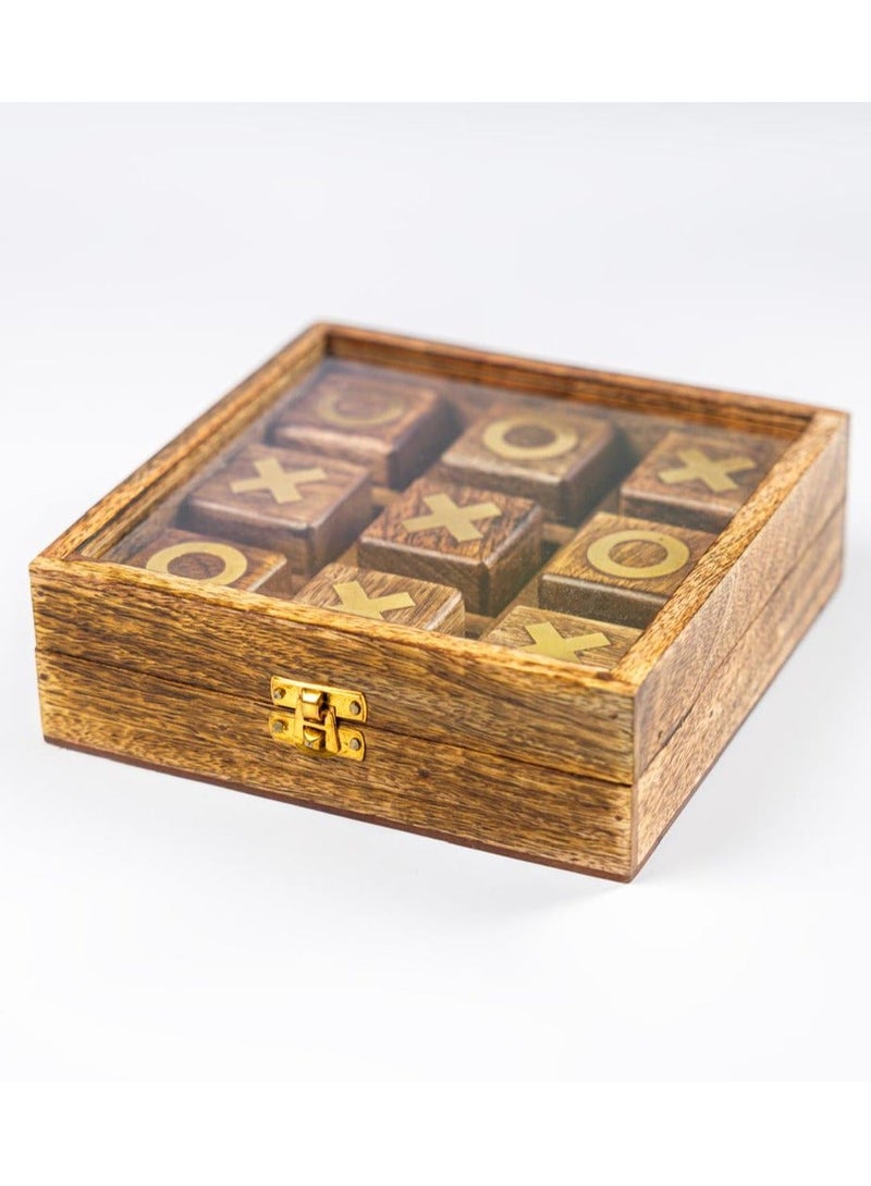 XO board game set with a secure glass lid and lock, attractively divided into squares, XOX symbols, handcrafted from natural wood in India, and featuring a sturdy wooden base, size: 20cm x 20cm x 6cm, 3 pieces - Image 3