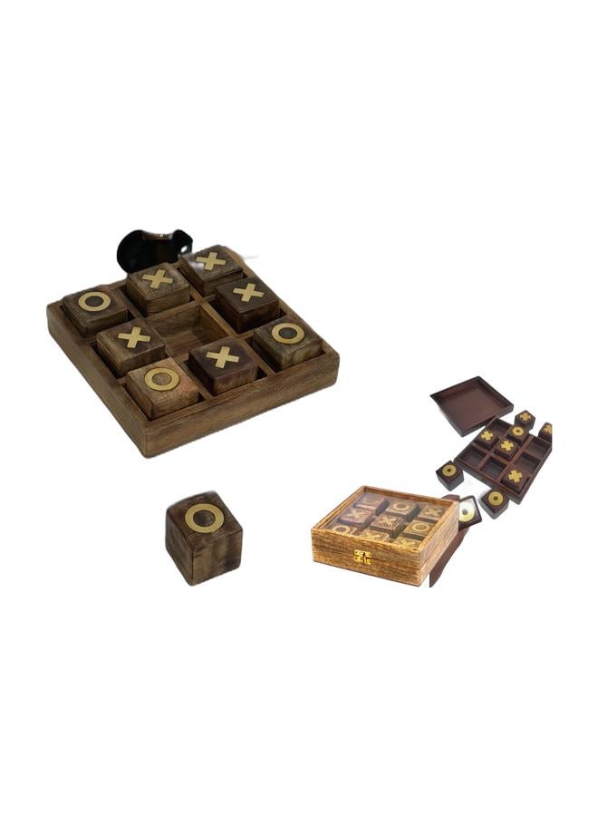XO board game set with a secure glass lid and lock, attractively divided into squares, XOX symbols, handcrafted from natural wood in India, and featuring a sturdy wooden base, size: 20cm x 20cm x 6cm, 3 pieces - Image 1