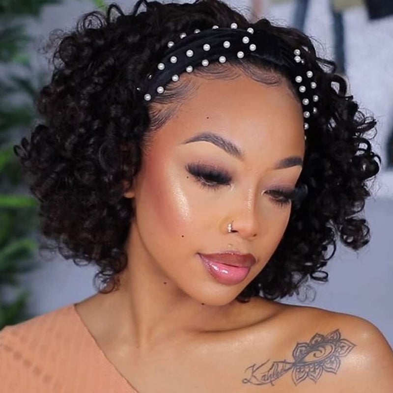 MIMAN 8 Inch Short Curly Headband Wigs for Black Women Human Hair Glueless None Lace Front Wig Natural Black Pixie Cut Curly Bob Wigs With Headbands Attached 150 Density