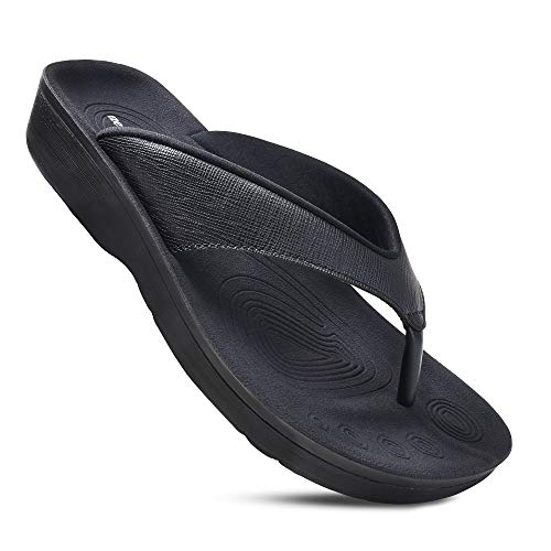 AEROTHOTIC Slip On Recovery Footwear Plantar Fasciitis Flip Flops for Women Yoga Mat Outdoor Walking Beach Ladies Arch Support Summer Thong Dressy Casual Sandals (Matt Black, Size 9) - Image 1