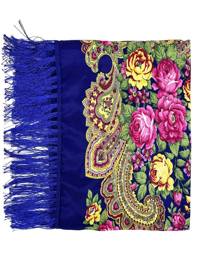 KINGREE Tassel Scarf, Large Square Shawl, Women's Traditional Retro Scarf Wrap Tassel Fringes, Floral Printing Shawl (JF05-Dark Blue) - Image 5