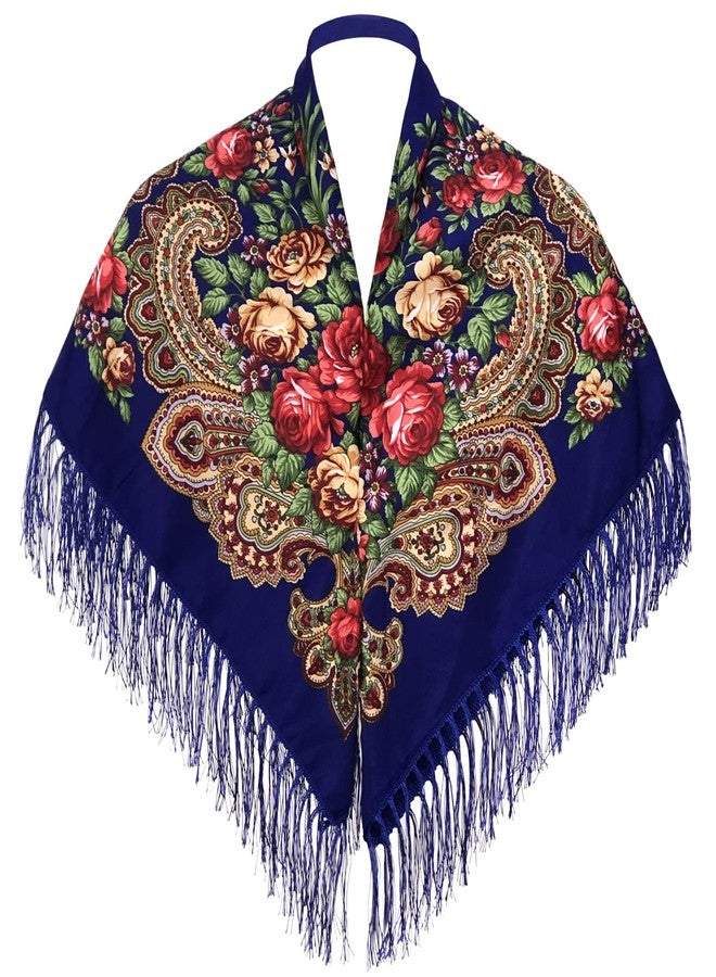KINGREE Tassel Scarf, Large Square Shawl, Women's Traditional Retro Scarf Wrap Tassel Fringes, Floral Printing Shawl (JF05-Dark Blue) - Image 1