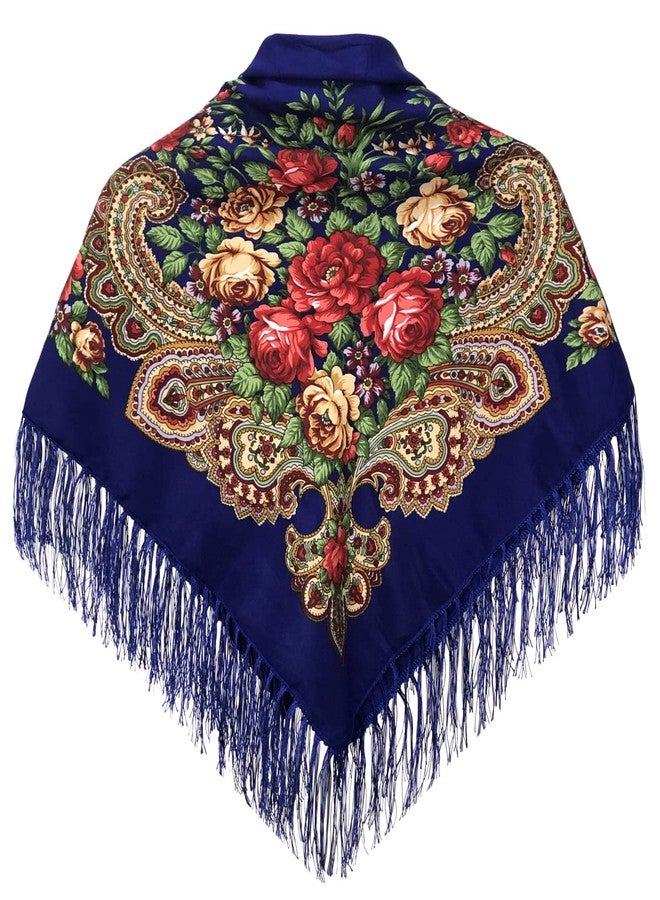 KINGREE Tassel Scarf, Large Square Shawl, Women's Traditional Retro Scarf Wrap Tassel Fringes, Floral Printing Shawl (JF05-Dark Blue) - Image 2