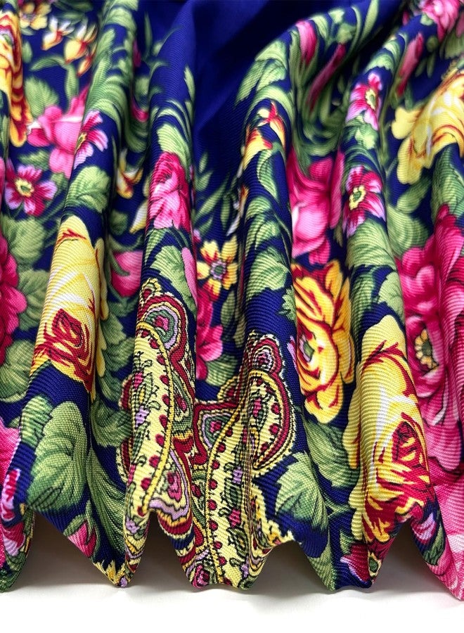 KINGREE Tassel Scarf, Large Square Shawl, Women's Traditional Retro Scarf Wrap Tassel Fringes, Floral Printing Shawl (JF05-Dark Blue) - Image 3